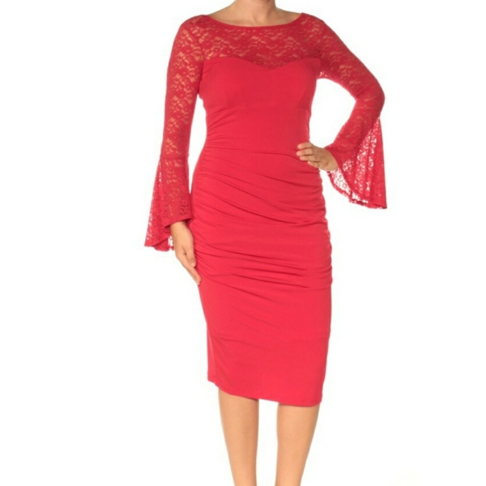 INC Dress Red Lace Ruched Bell Sleeve Body Con New